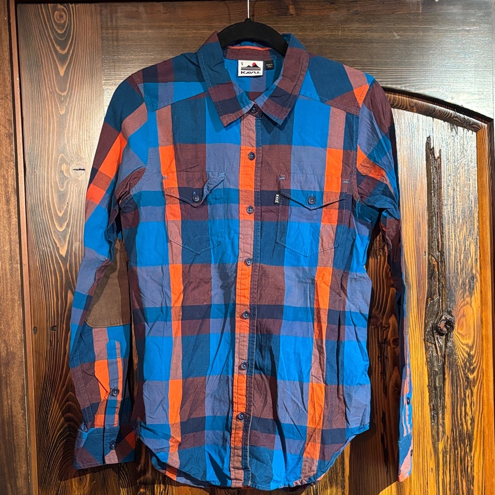 KAVU Plaid Button Down Shirt with Elbow Patches